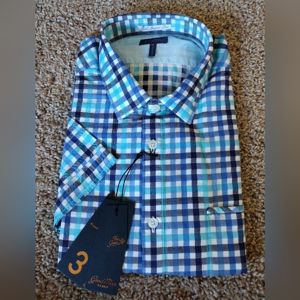 Good Man Brand Blue Checkered Short Sleeve Button Down Shirt Nwt